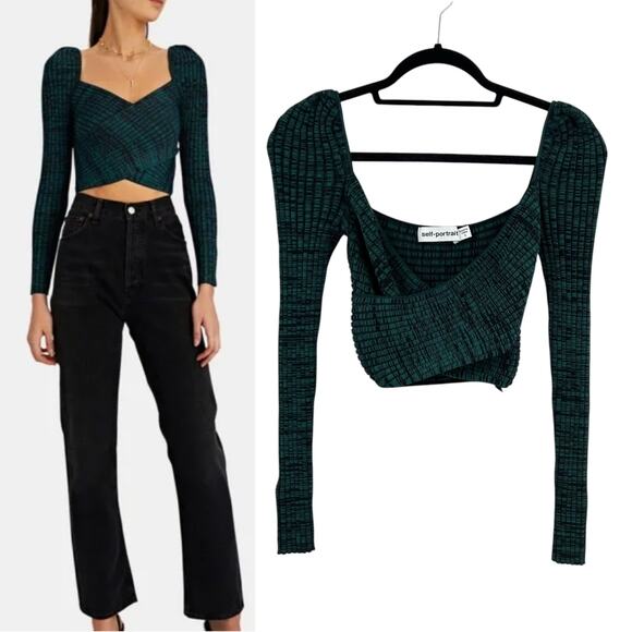 Self‎ Portrait Crossover Ribbed Knit Crop Top Long Sleeve Green Black Size Small - Picture 1 of 12